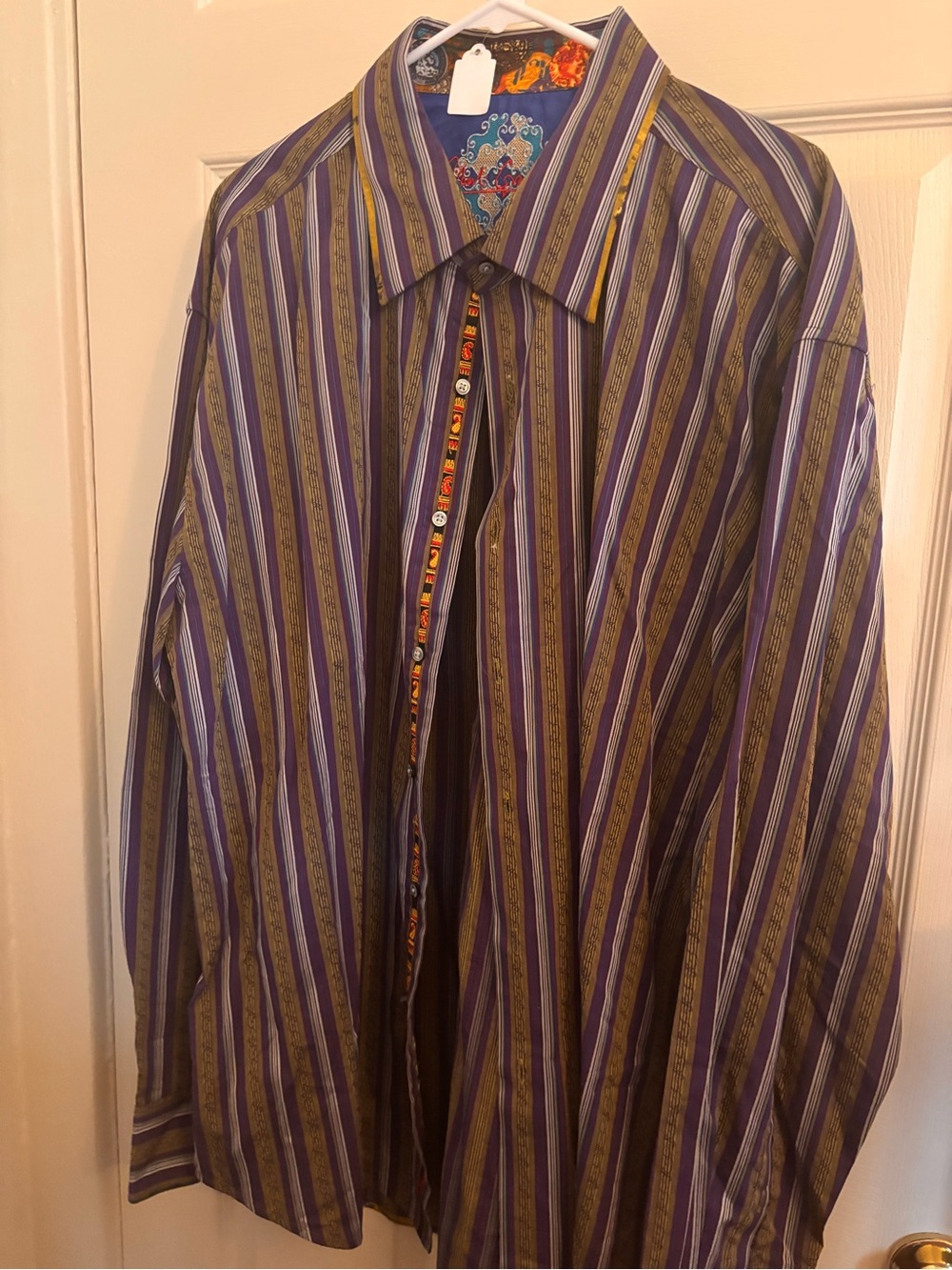 Robert Graham Purple and Olive Green Striped Dress Shirt